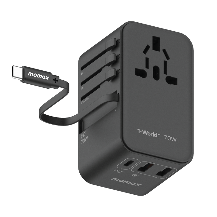 Momax 1-World 70W Gan 3 Port With Built-In Usb-C Cable Ac Travel Adaptor Black
