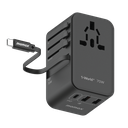 Momax 1-World 70W Gan 3 Port With Built-In Usb-C Cable Ac Travel Adaptor Black