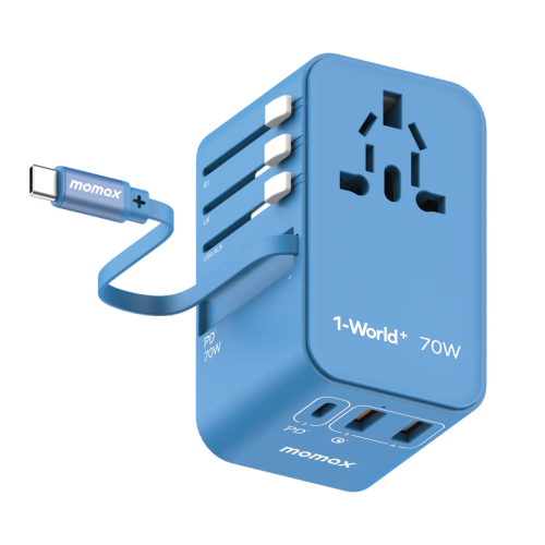 Momax 1-World 70W Gan 3 Port With Built-In Usb-C Cable Ac Travel Adaptor Blue