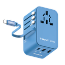 Momax 1-World 70W Gan 3 Port With Built-In Usb-C Cable Ac Travel Adaptor Blue
