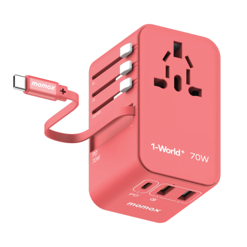 Momax 1-World 70W Gan 3 Port With Built-In Usb-C Cable Ac Travel Adaptor Red