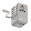 Momax 1-World 70W Gan 3 Port With Built-In Usb-C Cable Ac Travel Adaptor Grey