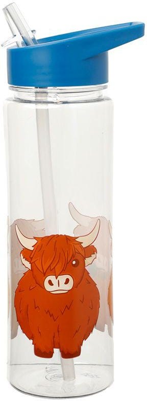 Reusable 550ml Plastic Water Bottle With Flip Straw - Highland Coo Cow