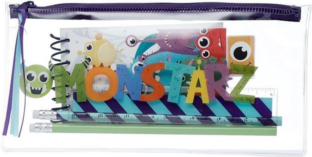 MONSTARZ MONSTER 7 PIECE CLEAR PENCIL CASE STATIONERY SET