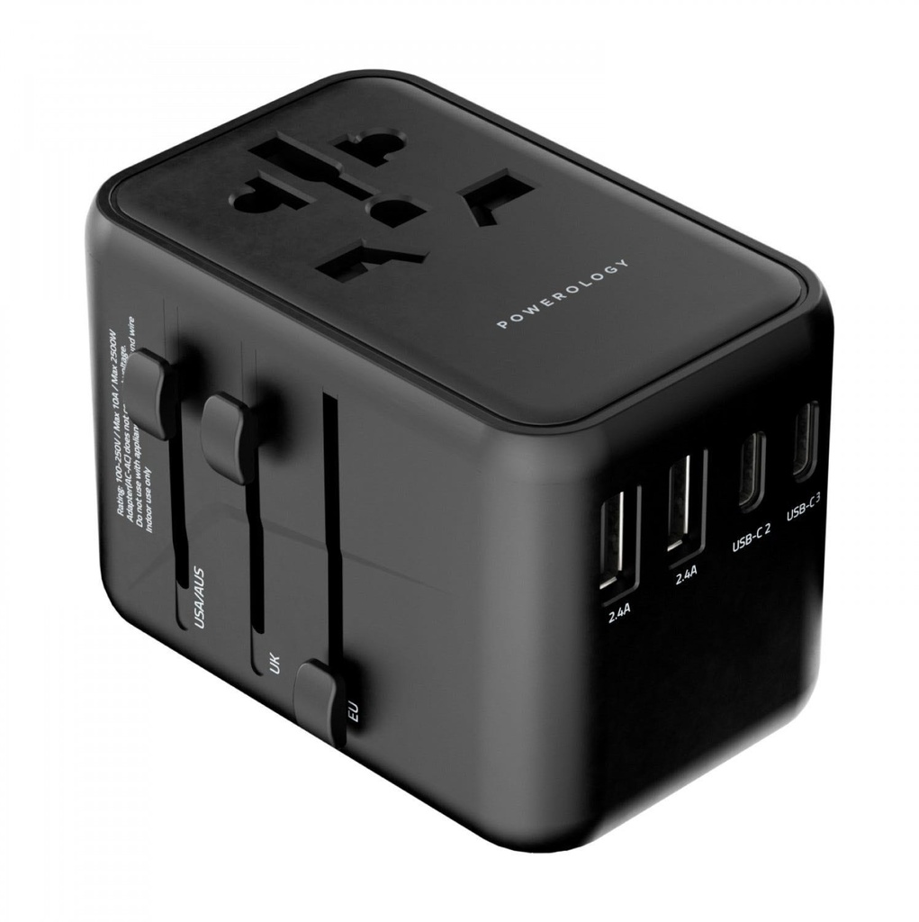 Powerology Universal Multi-Port Travel Adapter PD 65W ( 3X Type-C / 2X USB-A Ports ) - Black