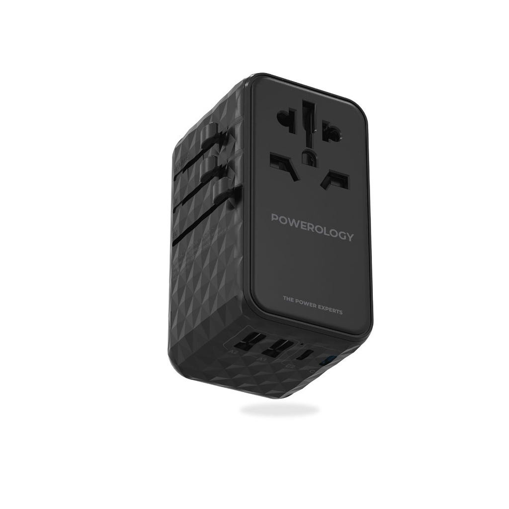 Powerology 4-Port Universal GaN Super Charger Compatible In 150+ Countries Balck
