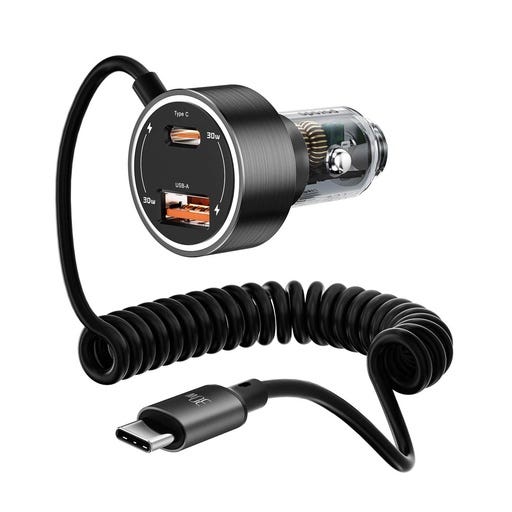 Porodo 60W Dual Port Transparent Aluminum Car Charger Integrated Type-C Cable Black