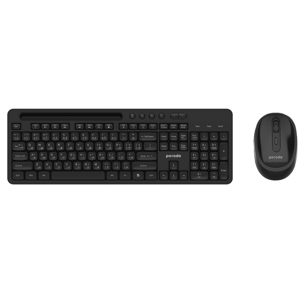 Porodo Dual Mode Wireless Keyboard Mouse Set With Mobile Phone Stand Black