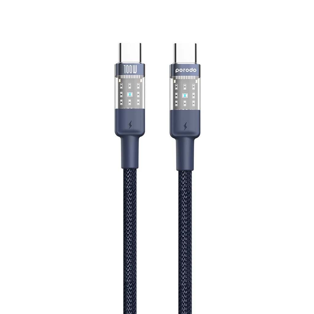 Porodo Braided Cable Transparent USB-C To USB-C Fast Charge & Data 1.2m/4ft Blue