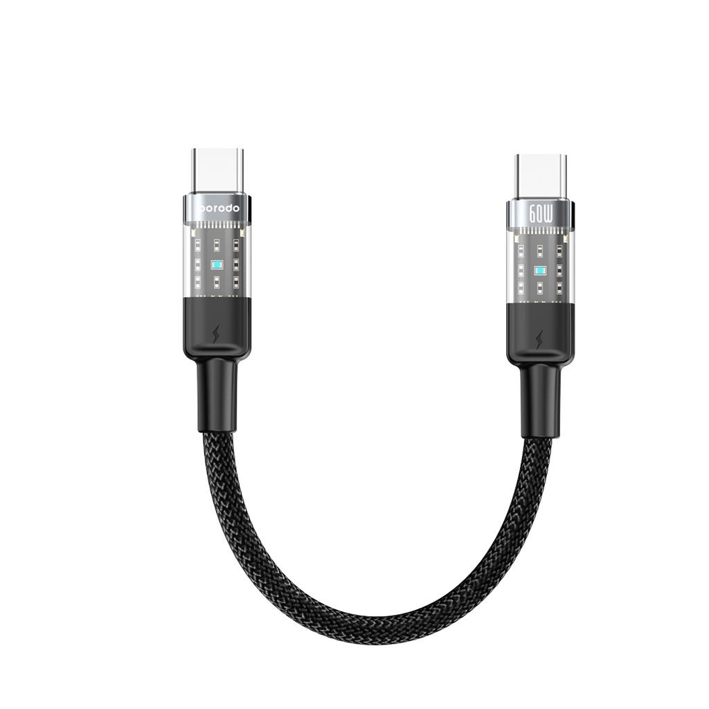 Porodo Braided Cable Transparent USB-C To USB-C Fast Charge & Data 35cm/1.1ft Black