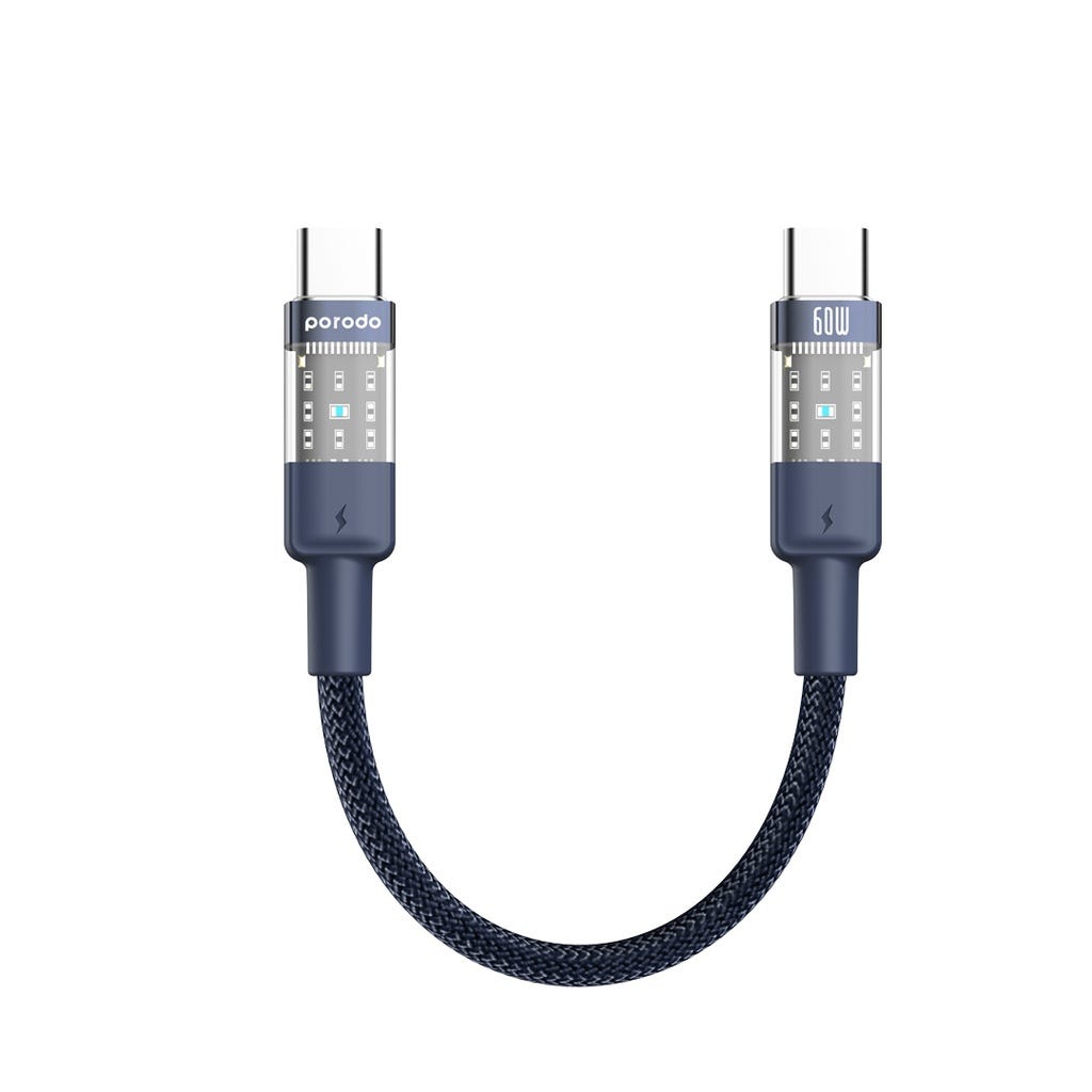 Porodo Braided Cable Transparent USB-C To USB-C Fast Charge & Data 35cm/1.1ft Blue