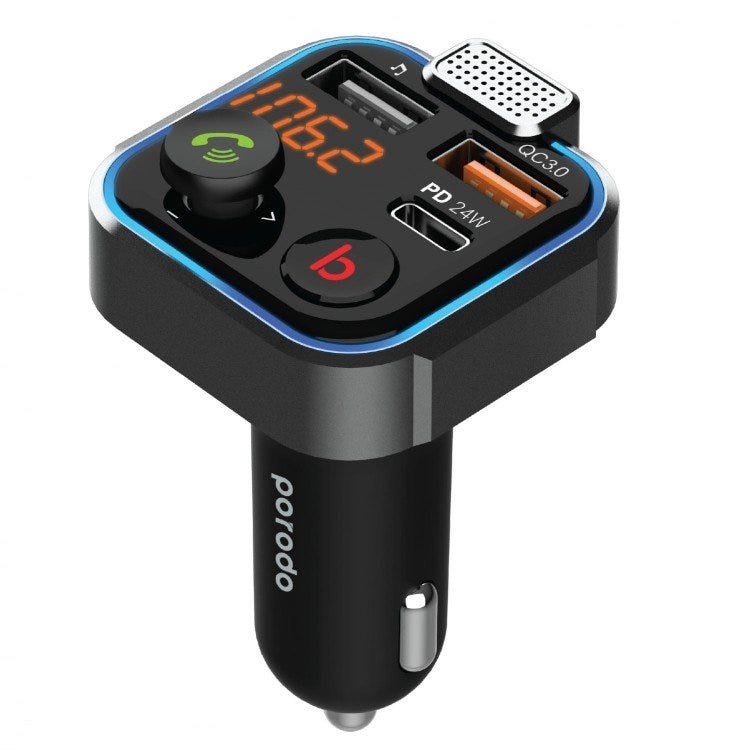 Porodo Smart Car Charger FM Transmitter With 24W PD Port and QC3.0 Black