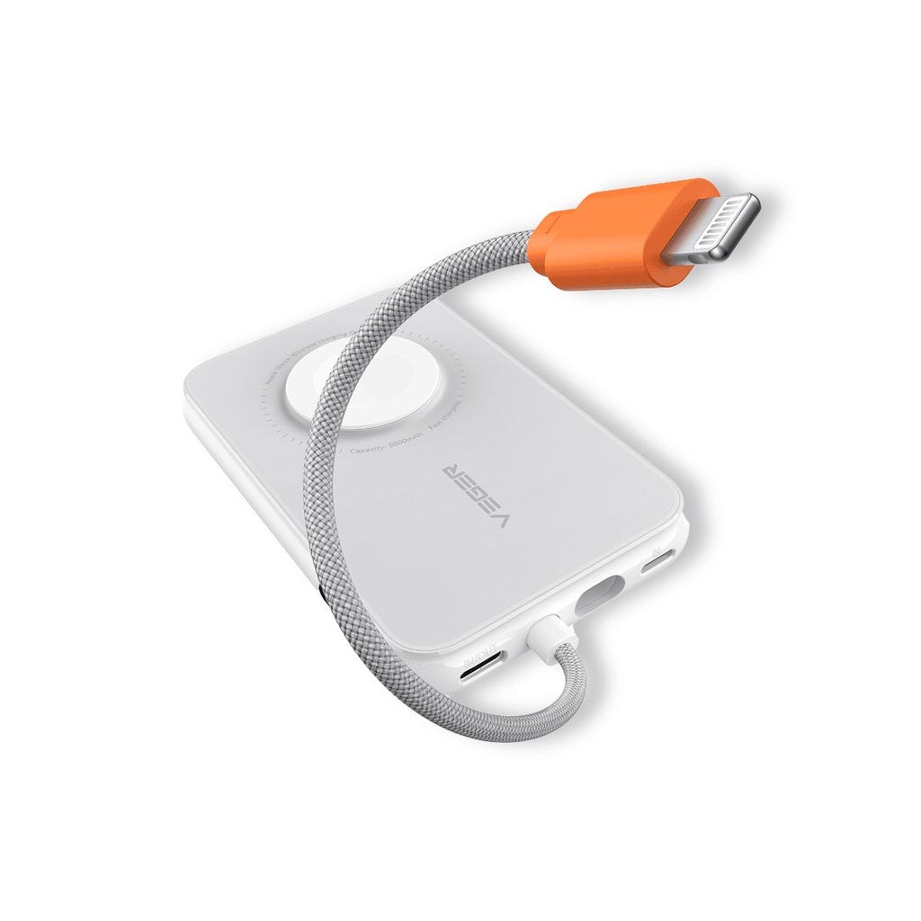 Porodo 5000mAh Slim Powerbank Integrated Lightning Cable White