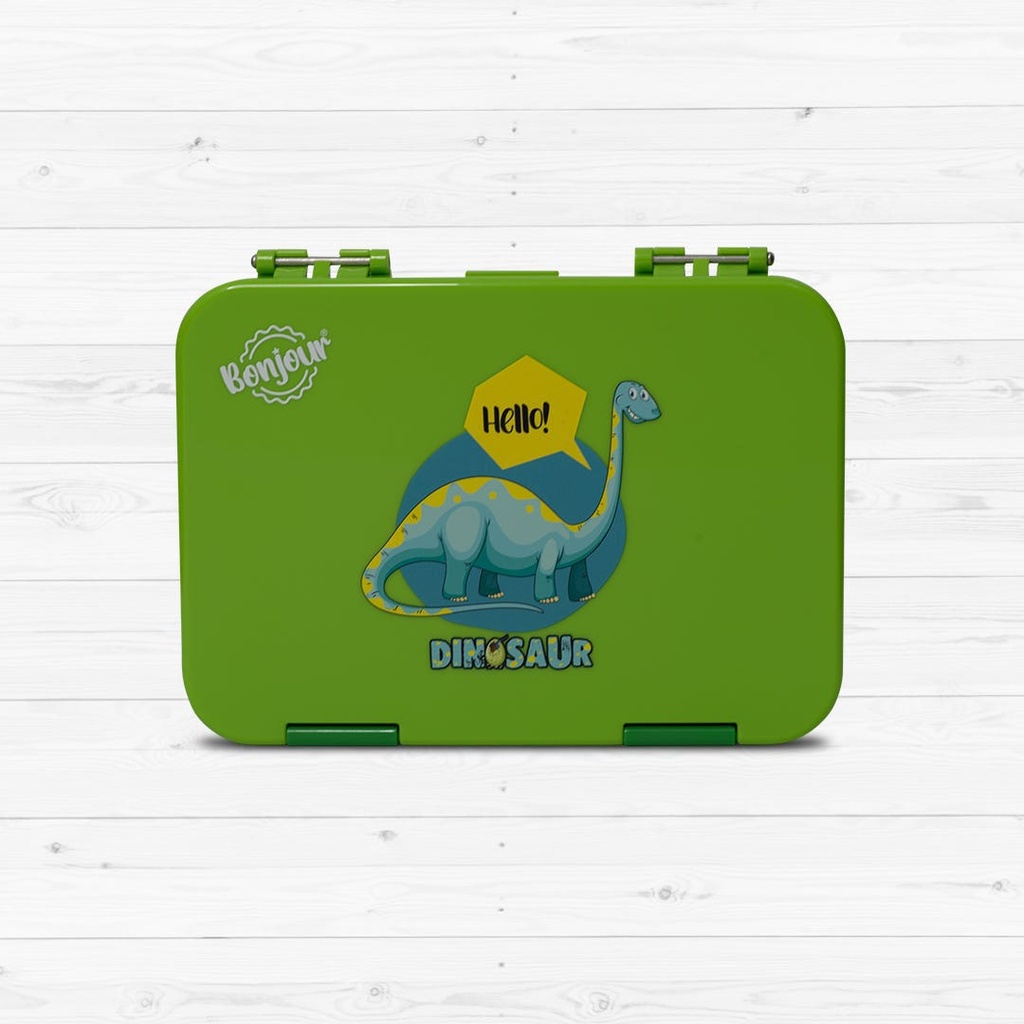 Snax Box Bonjour Bento Mini Lunch Box, 6/4 CMPT, Green Dinosaur