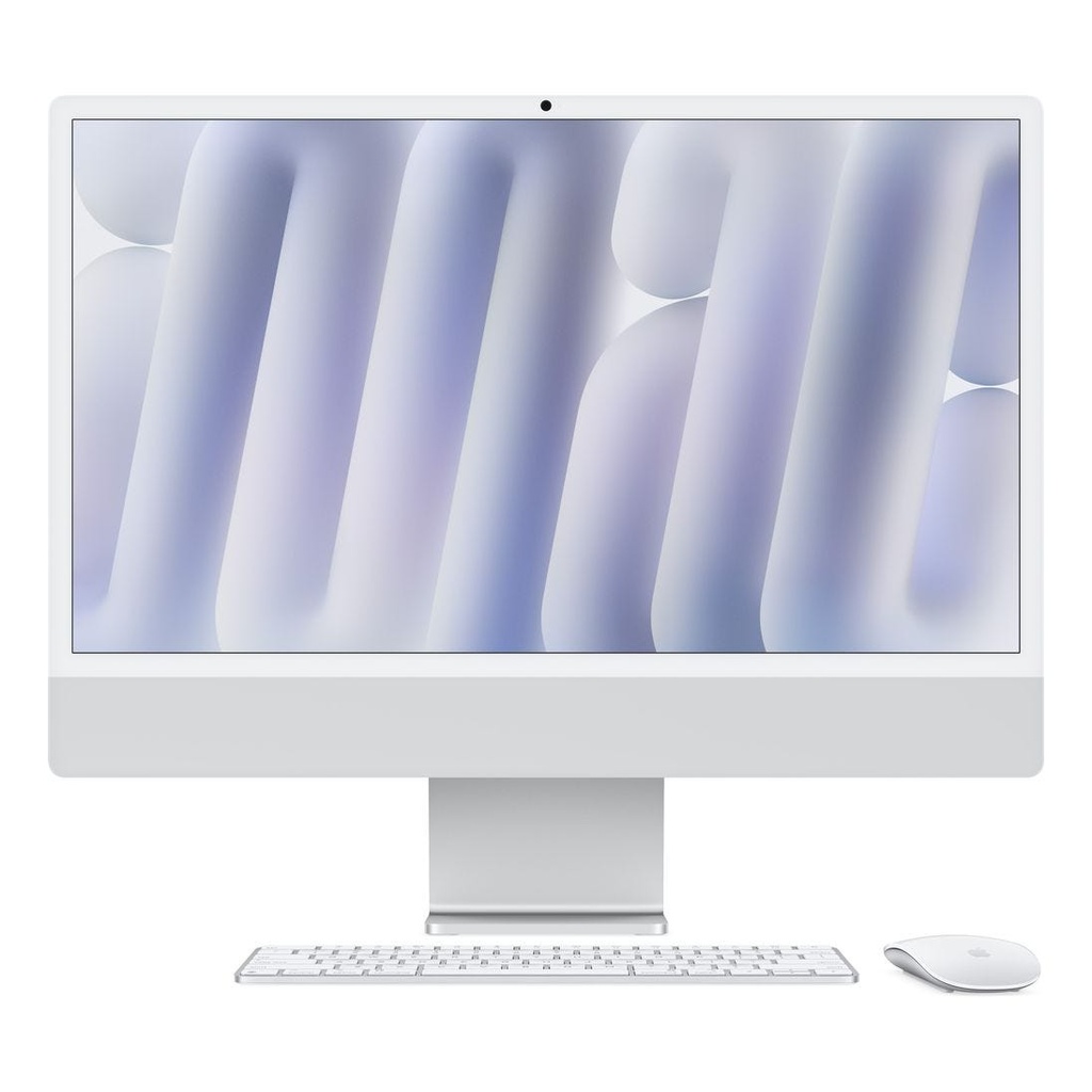 جهاز iMac من أبل مقاس 24 بوصة مزود بشريحة Retina 4.5K M4 مع وحدة معالجة مركزية 8 نواة ووحدة معالجة رسومية 8 نواة، وذاكرة 16 جيجابايت/256 جيجابايت، باللون الفضي