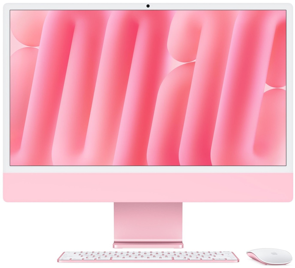 جهاز iMac من أبل مقاس 24 بوصة مزود بشريحة Retina 4.5K M4 مع وحدة معالجة مركزية 10 أنوية ووحدة معالجة رسومية 10 أنوية، وذاكرة وصول عشوائي 16 جيجابايت وذاكرة تخزين SSD سعة 512 جيجابايت، باللون الوردي