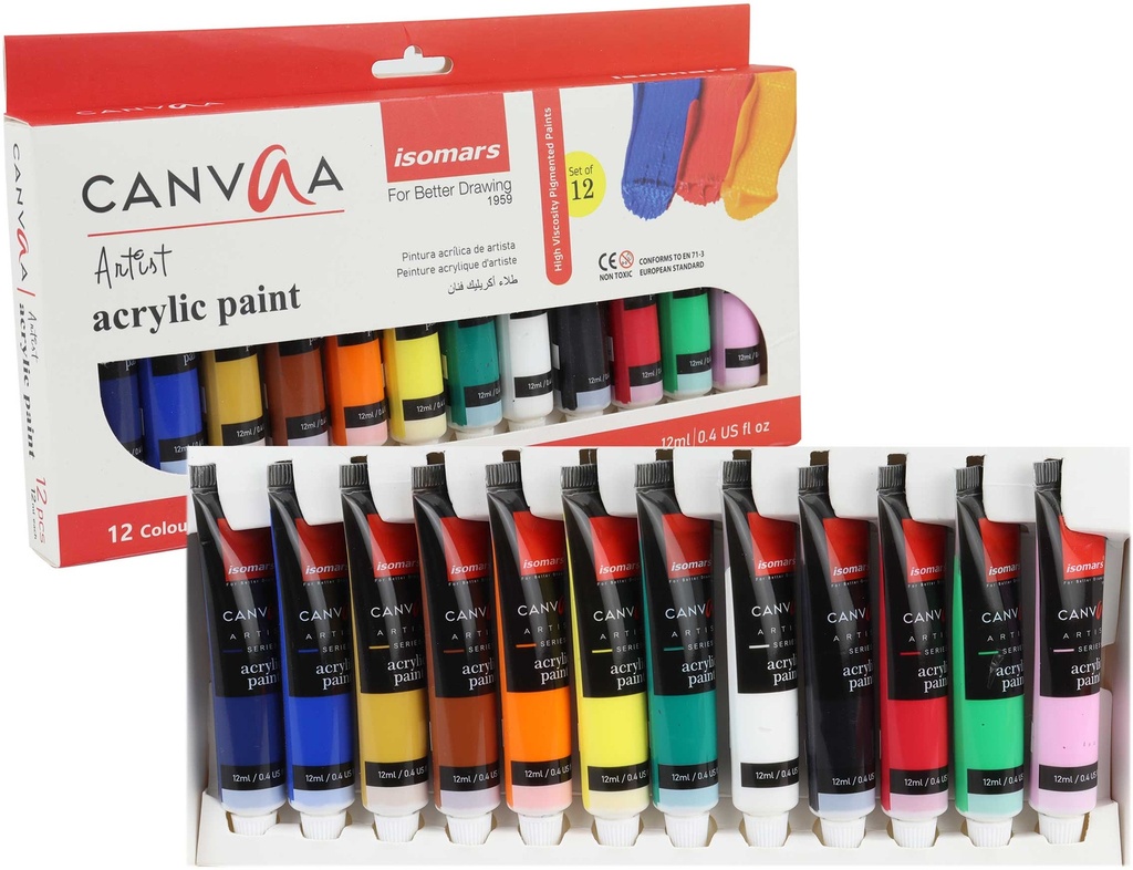 Acrylic Color - Pack of 12 Shades  - 12ml Tube