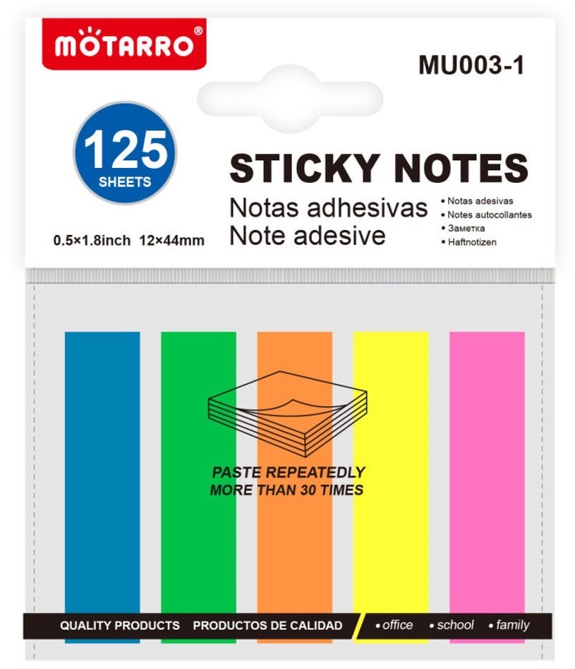Page Markers Flat Head 12  X  44 mm - 5 Pads / Pack Fluorescent  - 25 Sheet each color