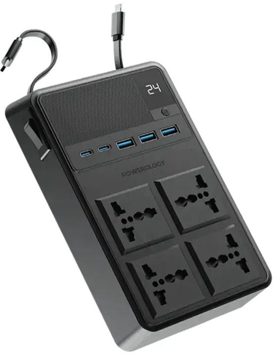 Powerology 2500W 4 AC Power Strip With Built-In Retractable Cables , Black