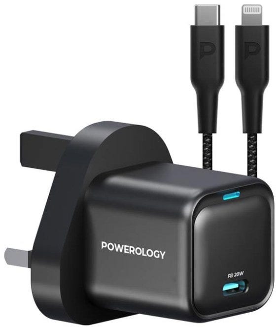 Powerology Ultra-Compact GaN Charger With USB-C To Lightning Cable 1.2m/4ft , Black