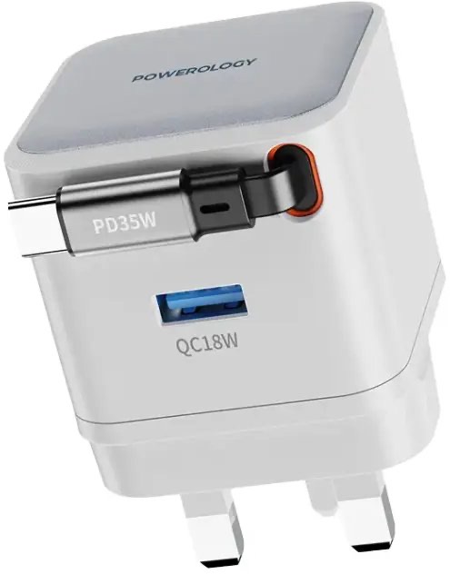 Powerology Dual Port | Retractable GaN Charger , White