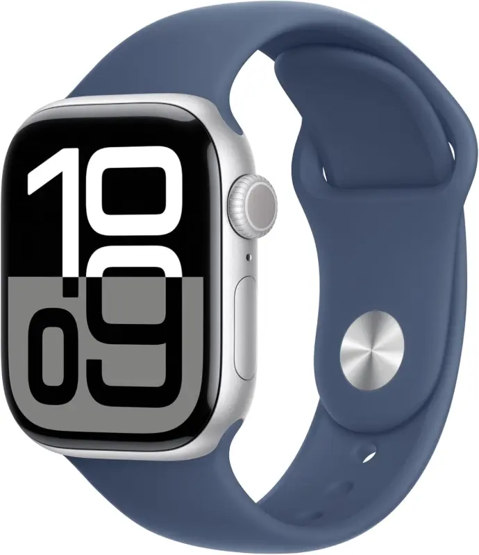  ساعة أبل Watch Series 10 GPS مقاس 42 مم، هيكل من الألومنيوم الفضي مع سوار رياضي من قماش الدنيم - مقاس صغير/متوسط