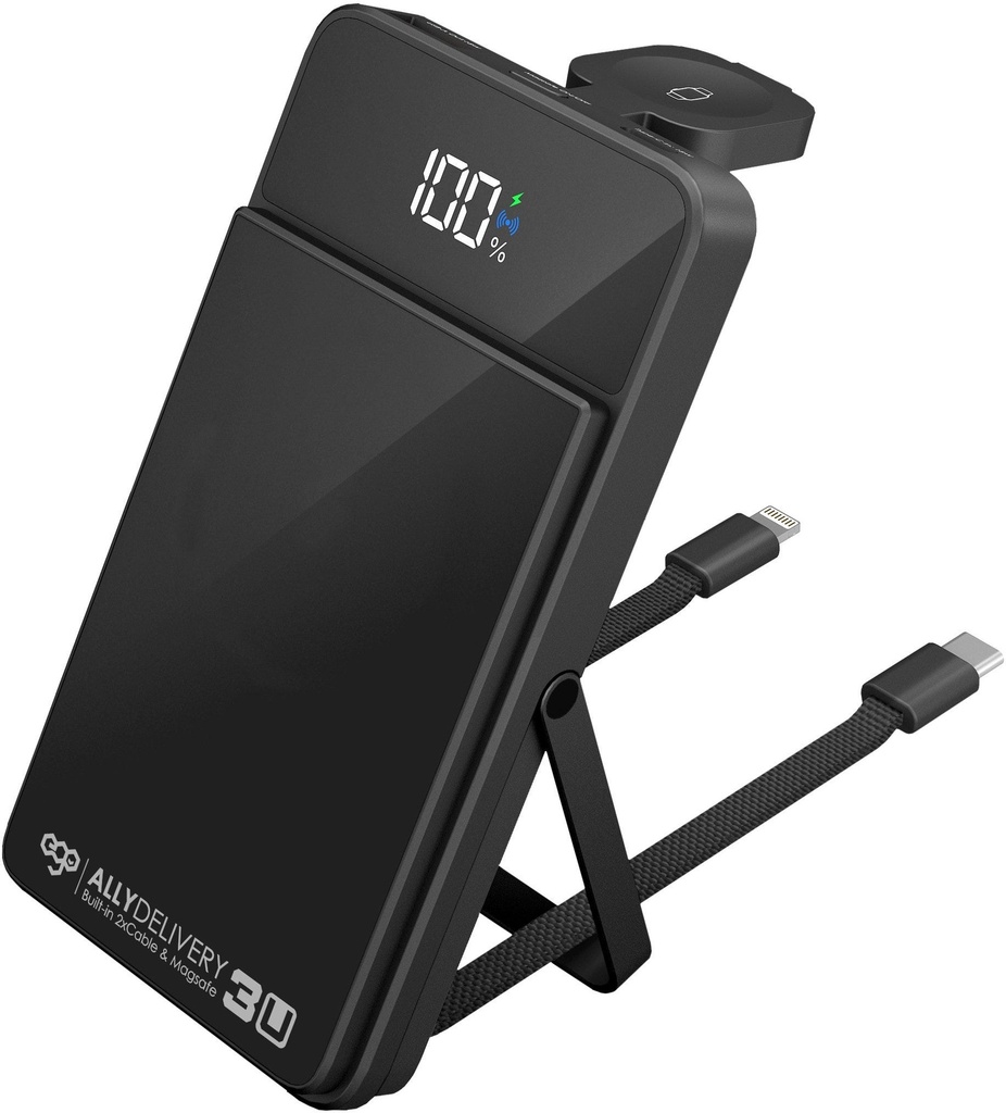 EGO 6in1 AllyDelivery 3U @Magsafe 12000mAh
6 in 1 Powerbank, Fast Charging (iWatch & Airpod), Built-in Cable Type-C & Lightning & Stand -Black