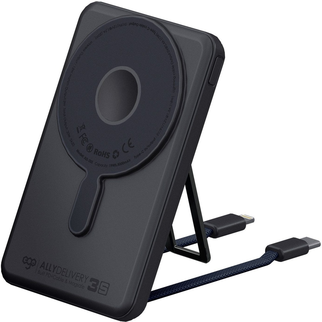 EGO 6in1 AllyDelivery 4  @Magsafe 10000mAh Powerbank-Fast Charging (iWatch & Airpod), Built-in Cable Type-C & Lightning & Stand, OLED Screen -Black
