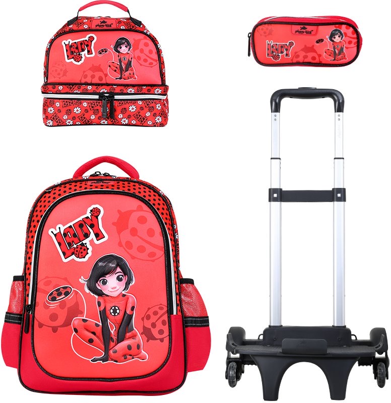 Trolly 3 Wheels Backpack Multi Comp Red Lady 17" & Large Bag, Pencil Case Set