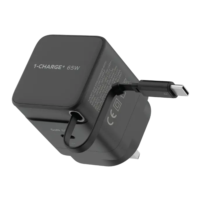 Momax 1-Charge 65W Gan 1 Port Charger With Built-In Usb-C Cable - Black