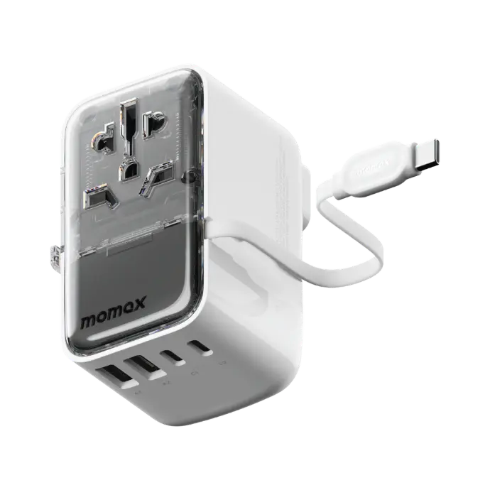 Momax 1-World Flow 35W 4 Port With Built-In Usb-C Cable Travel Adaptor - White