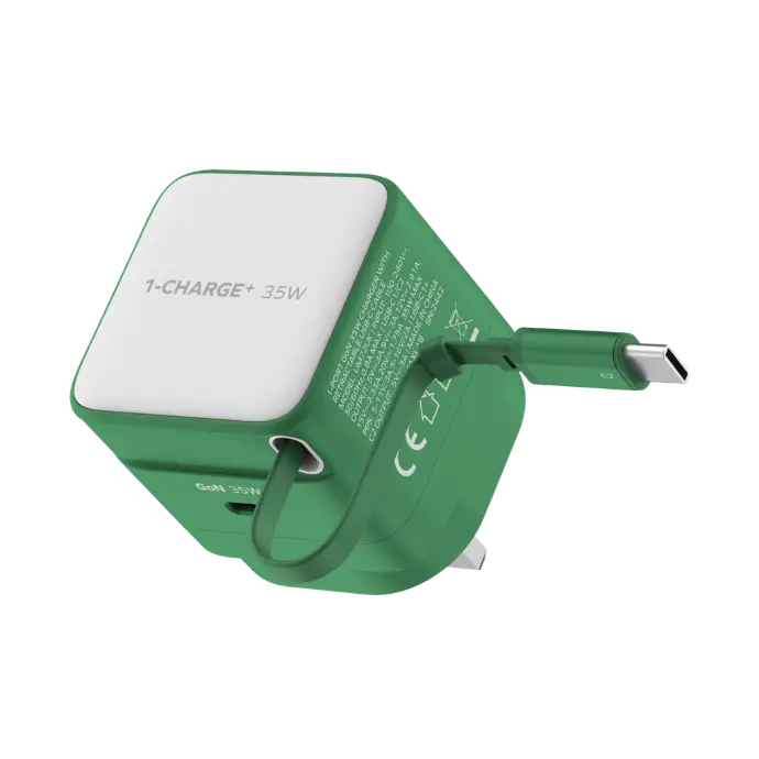 Momax 1-Charge 35W Gan 1 Port Charger With Built-In Usb-C Cable - Green