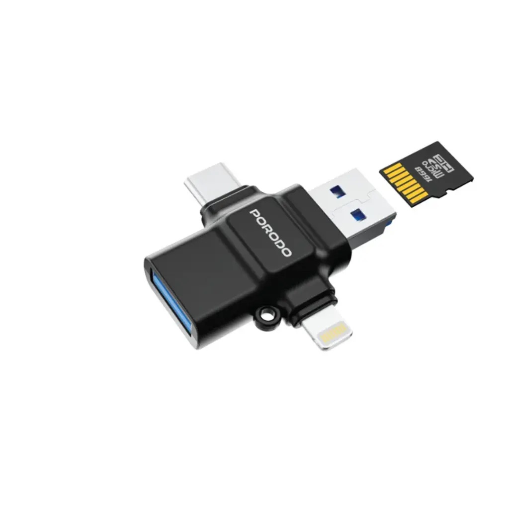 Porodo 4-In-1 Otg Adapter, Tf Card Reader,Pd-Etk09-Bk,Black