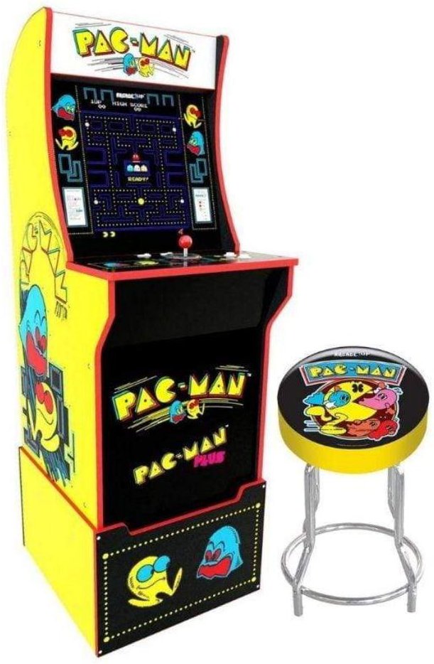 Arcade Pac-Man Home Arcade Game w/ Light Up Marquee, Licensed Stool & Riser - ماكينة ألعاب 