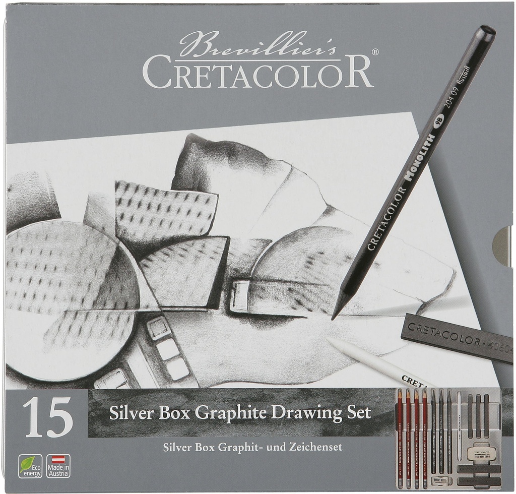 Graphite & Drawing Set of 15 pcs - SILVER BOX, tin box