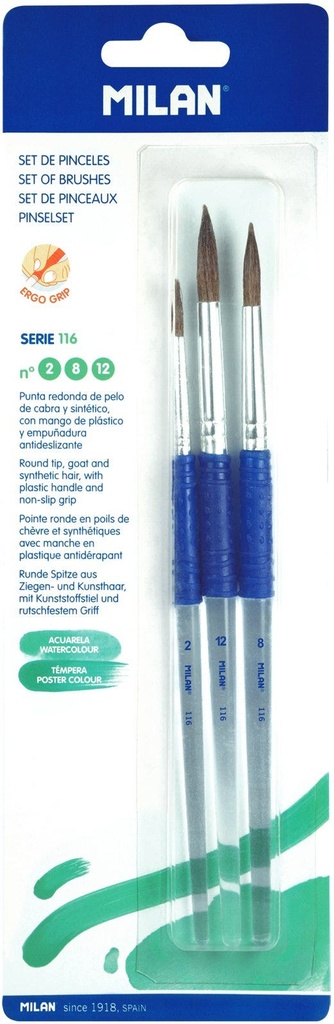 Blister pack 3 round brushes (goat & synthetic hair) ergo plastic handle 116 series nÂº 2, 8 and 12