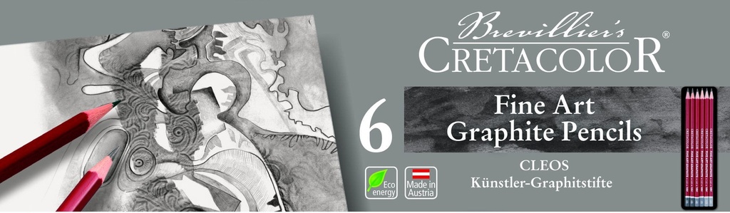 Graphite Pencils - CLEOS Fine Art, 6 hardnesses in tin box (2H, HB, 2B, 4B, 6B, 8B)