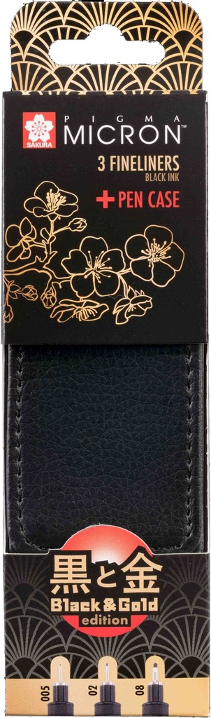 Sakura Pigma Micron Black & Gold Edition fineliner set + pen case | 3 sizes, black