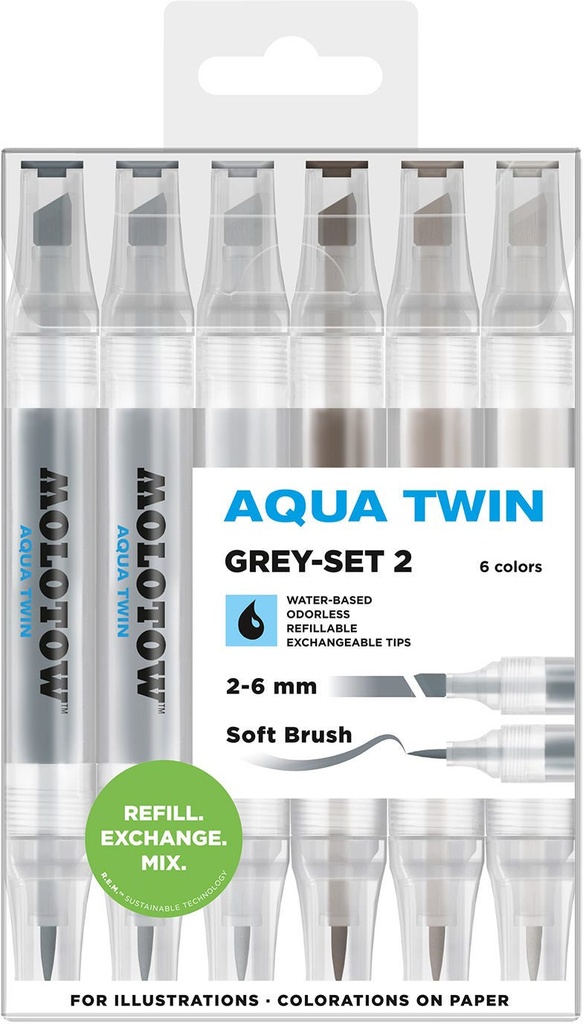 Twin Marker Aqua Twin 1mm/2-6mm Wallet Basic-Set 2 6 Pcs. Molotow Mo729304