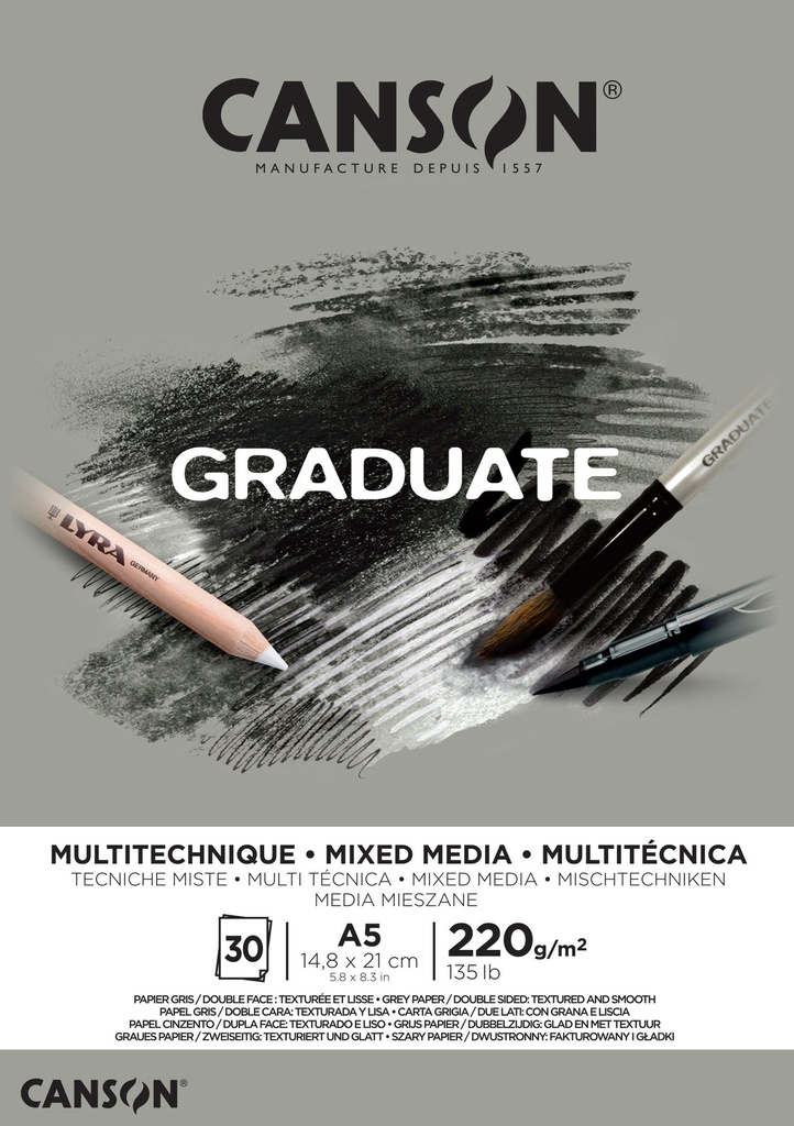 Pad Canson GRaduate Mixed Media GRey Paper A5 220GSM 30SH