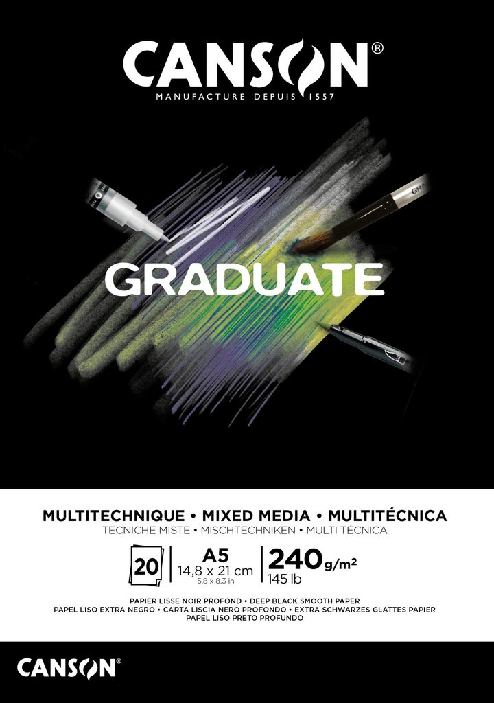 Pad Canson GRaduate Mixed Media Black A5 240GSM 20Sh