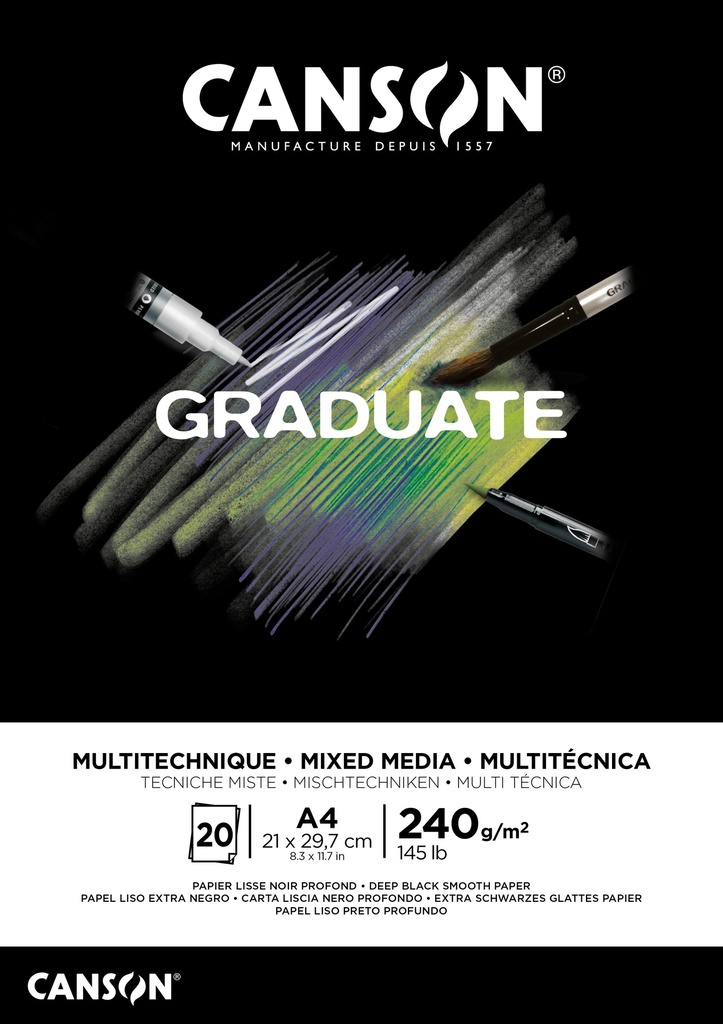 Pad Canson GRaduate Mixed Media Black A4 240GSM 20Sh