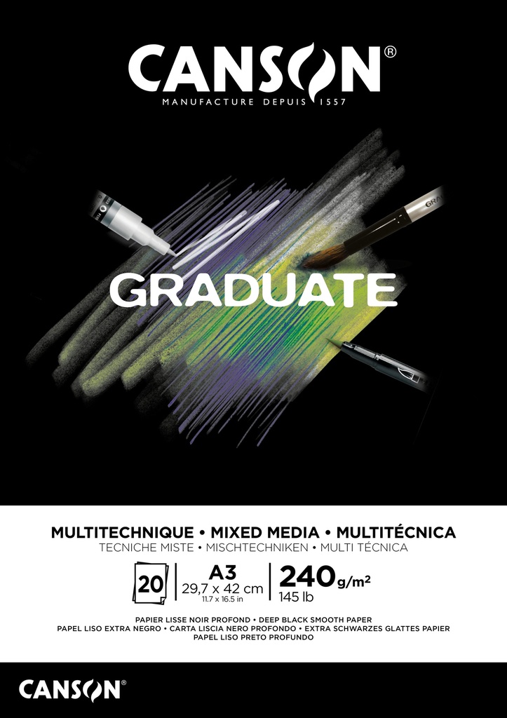 Pad Canson GRaduate Mixed Media Black A3 240GSM 20Ssh