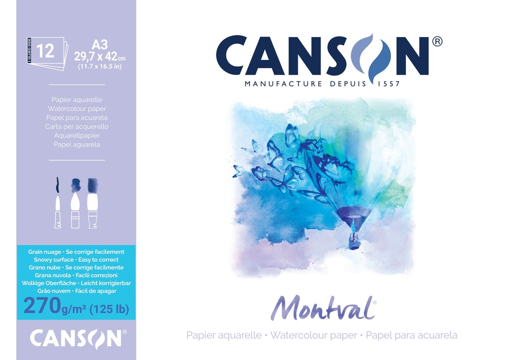 Aquarelle Pad A3 / 12SH 270GSM Glued Canson MONTVAL ® GRAIN NUAGE WHITE NATURAL
