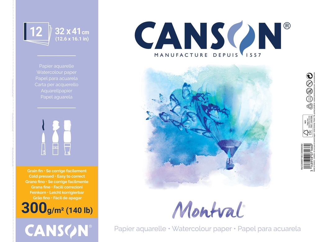 Aquarelle Pad 32X41/12SH 300GSM Spiral Canson MONTVAL ® GRAIN NUAGE WHITE NATURAL