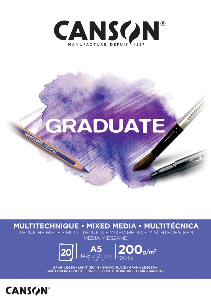 Pad Canson GRaduate Mixed Media White Paper A5 200GSM 20SH