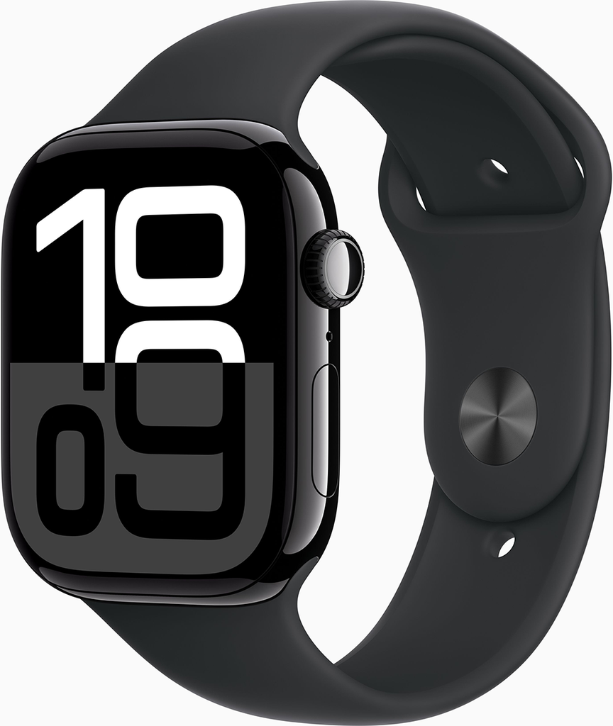  ساعة أبل Watch Series 10 GPS مقاس 46 مم، هيكل من الألومنيوم باللون الأسود الفاحم مع سوار رياضي أسود - M/L