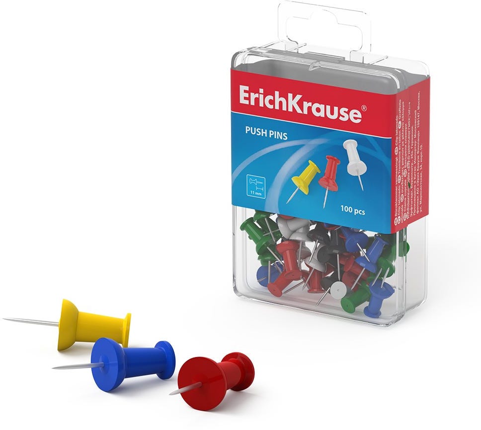 Push pins ErichKrause® assorted (plastic box 100 pcs)