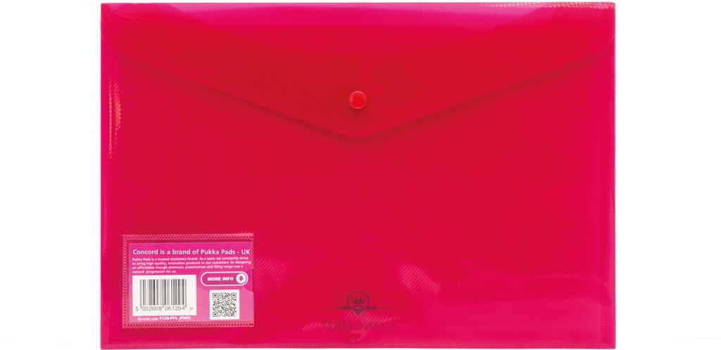 Clear Bag With Button Foolscap, PP Plastic with Business Card Pocket, Pink