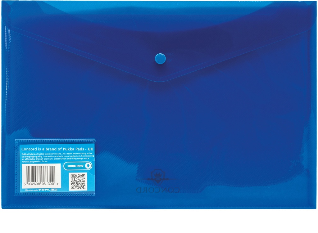 Clear Bag With Button Foolscap, PP Plastic with Business Card Pocket, Blue